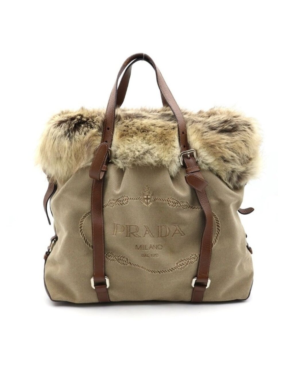 Prada Fur Logo Jacquard 2-Way Bag Khaki